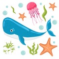 Set of stickers of cute cartoon sea animals and plants. Wild marine life Royalty Free Stock Photo